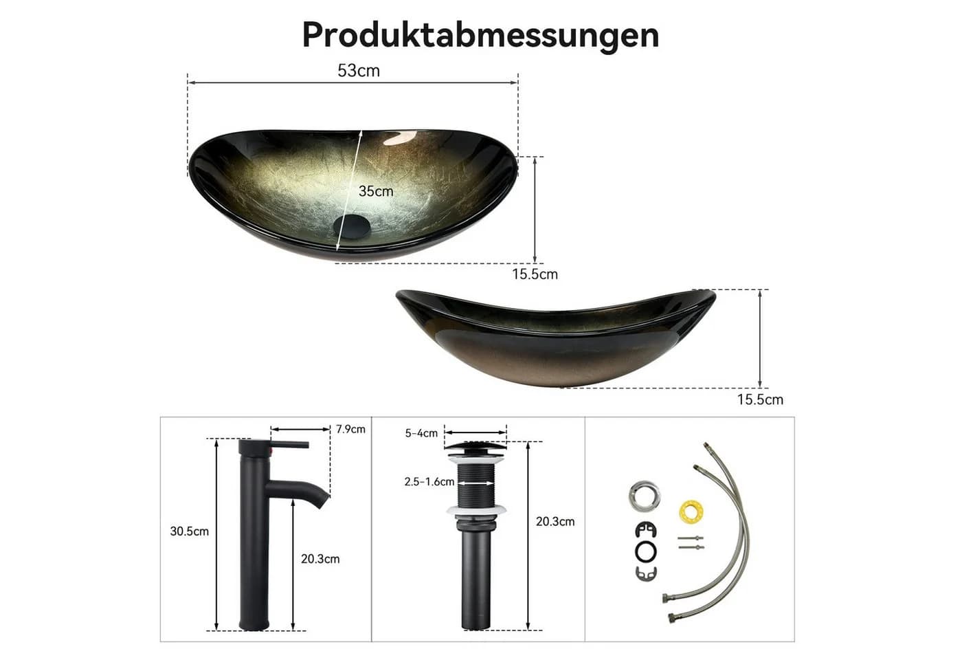 Puluomis Aufsatzwaschbecken Set mit Wasserhahn Oval Glas Gold/Schwarz - Bild 5