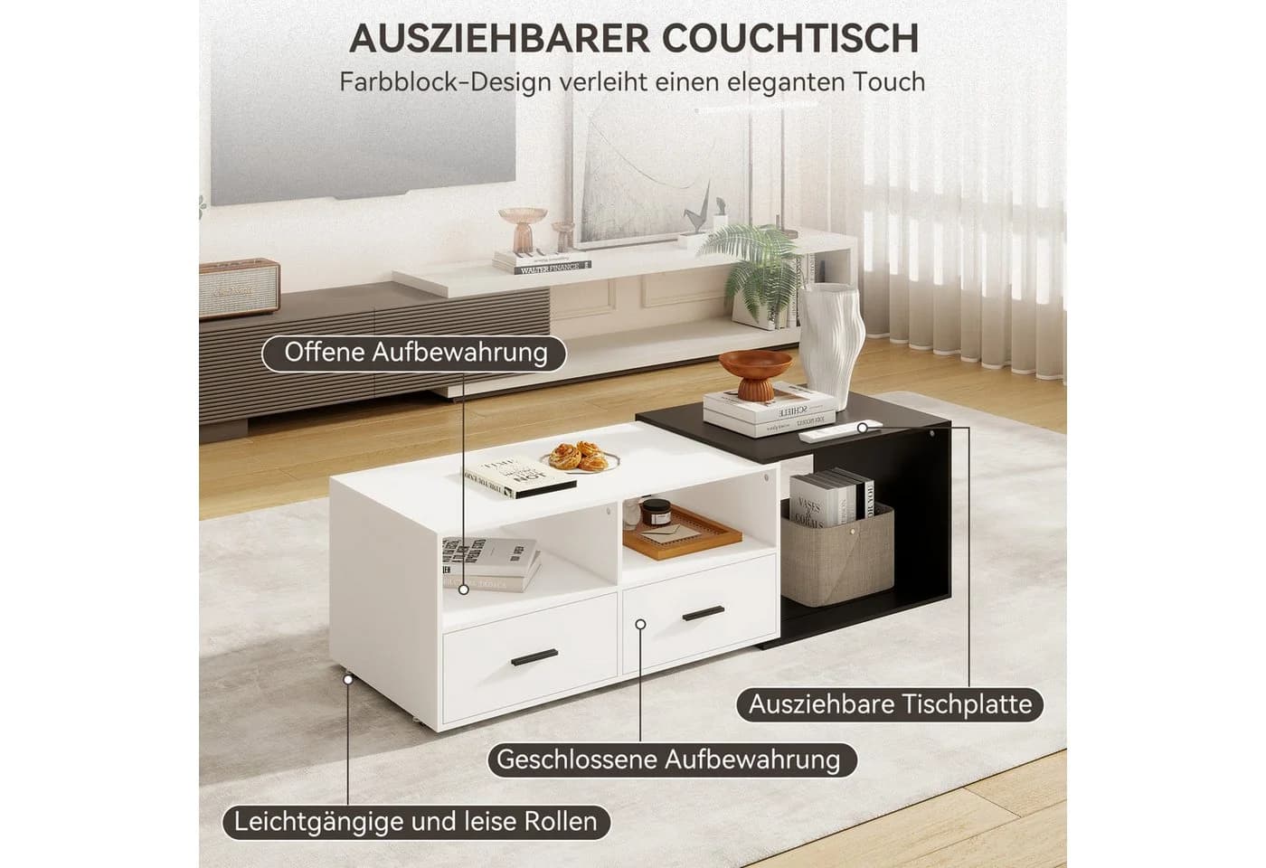 Puluomis Couchtisch ausziehbar mit Rollen und Stauraum Schwarz Weiß - Bild 3