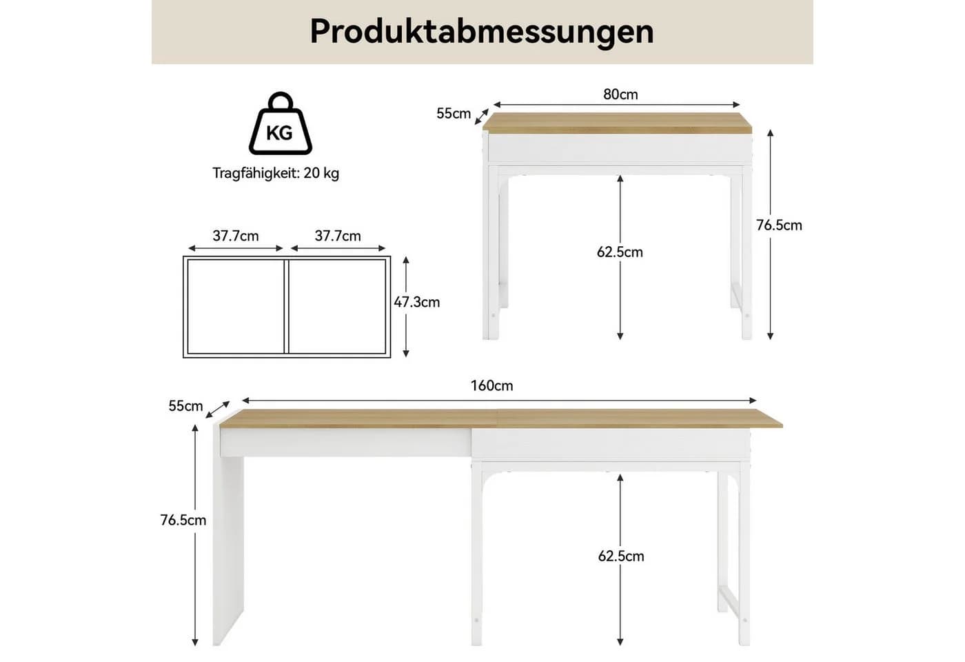 Puluomis Ausziehtisch Weiß Natur Holzplatte - Bild 4