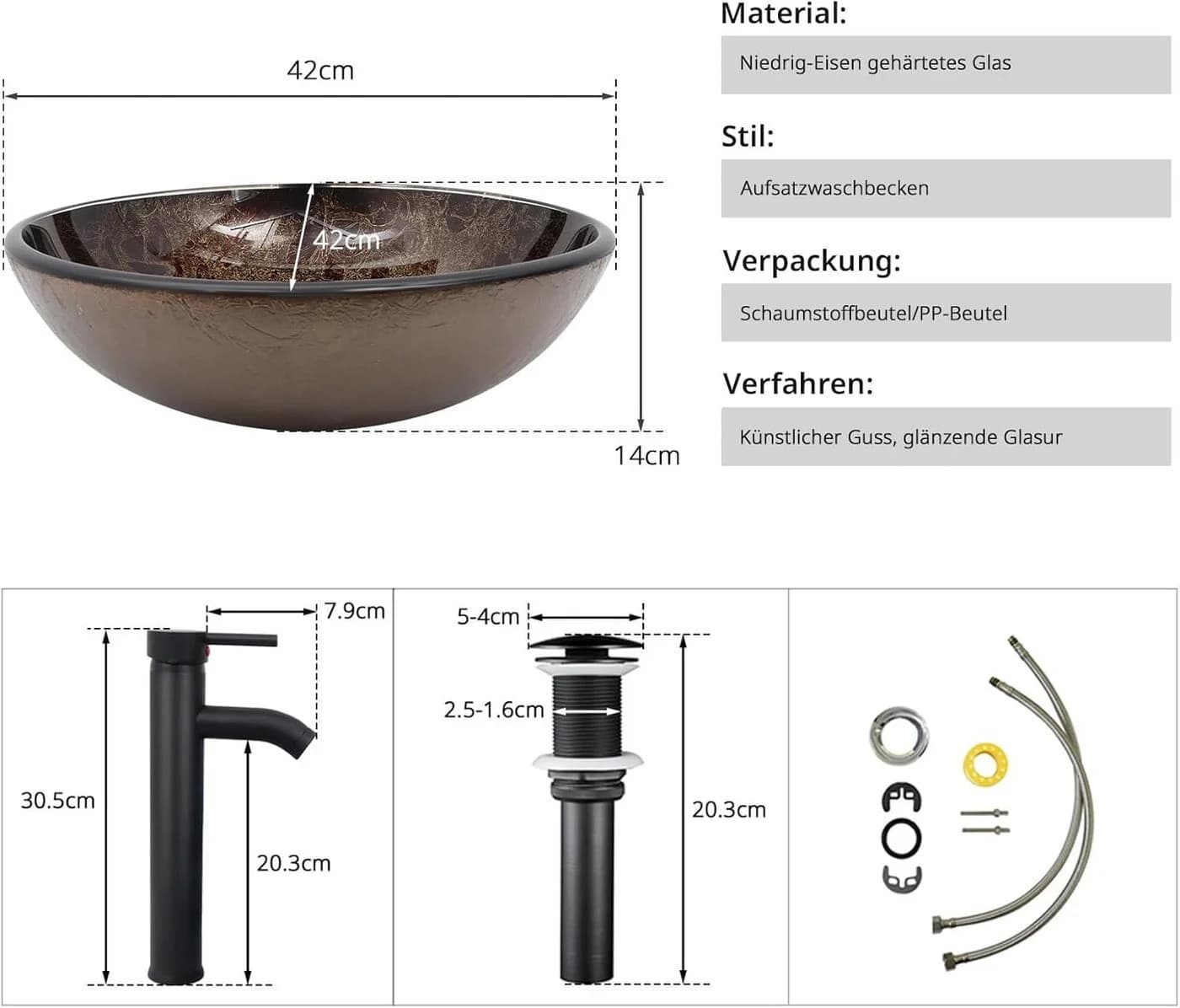 Puluomis Aufsatzwaschbecken Set mit Wasserhahn Rund Braun Schwarz - Bild 3