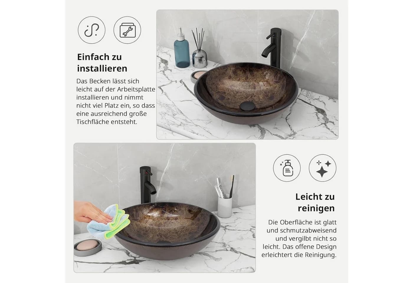 Puluomis Aufsatzwaschbecken Set mit Wasserhahn Rund Braun Schwarz - Bild 4