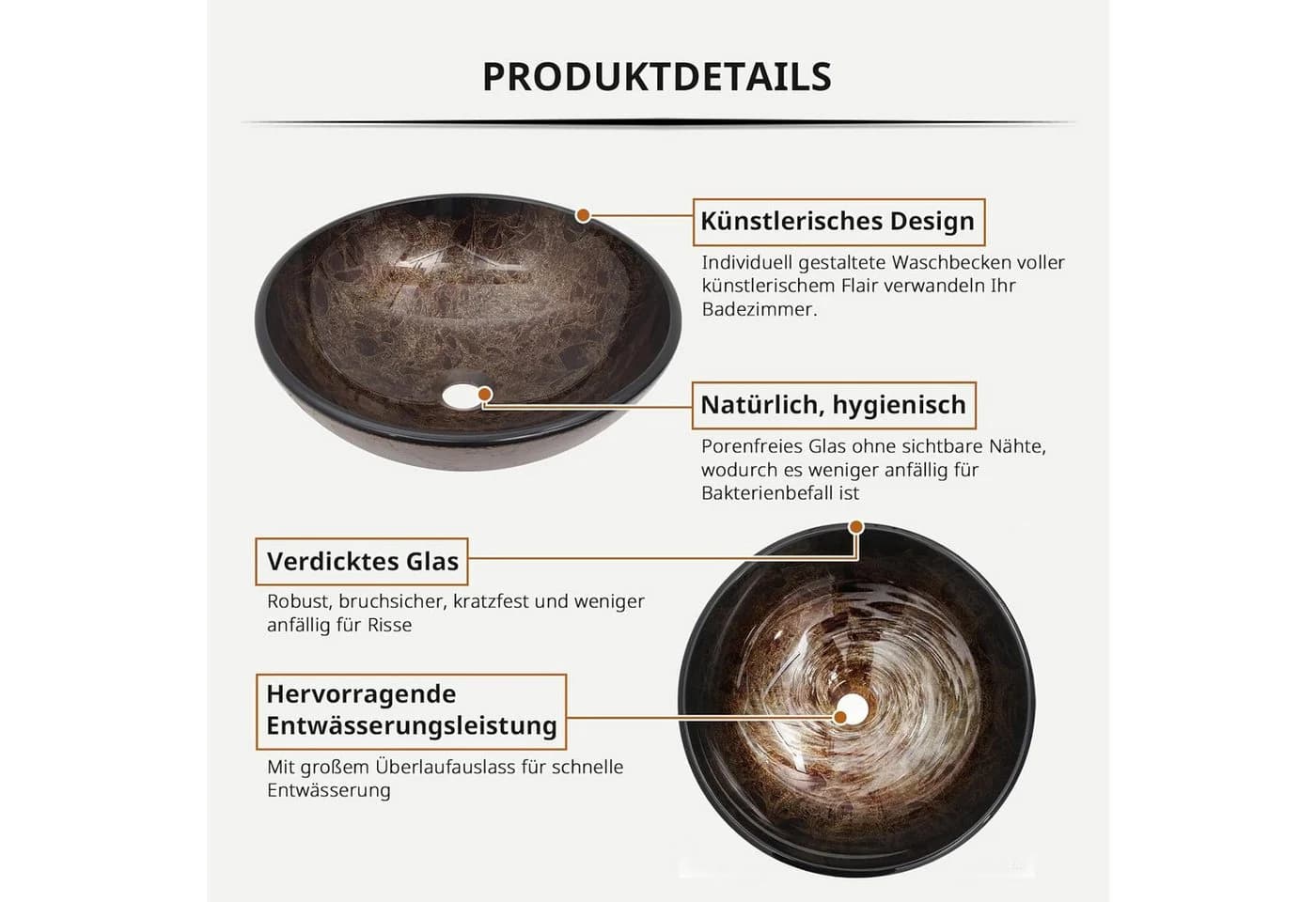 Puluomis Aufsatzwaschbecken Set mit Wasserhahn Rund Braun Schwarz - Bild 5