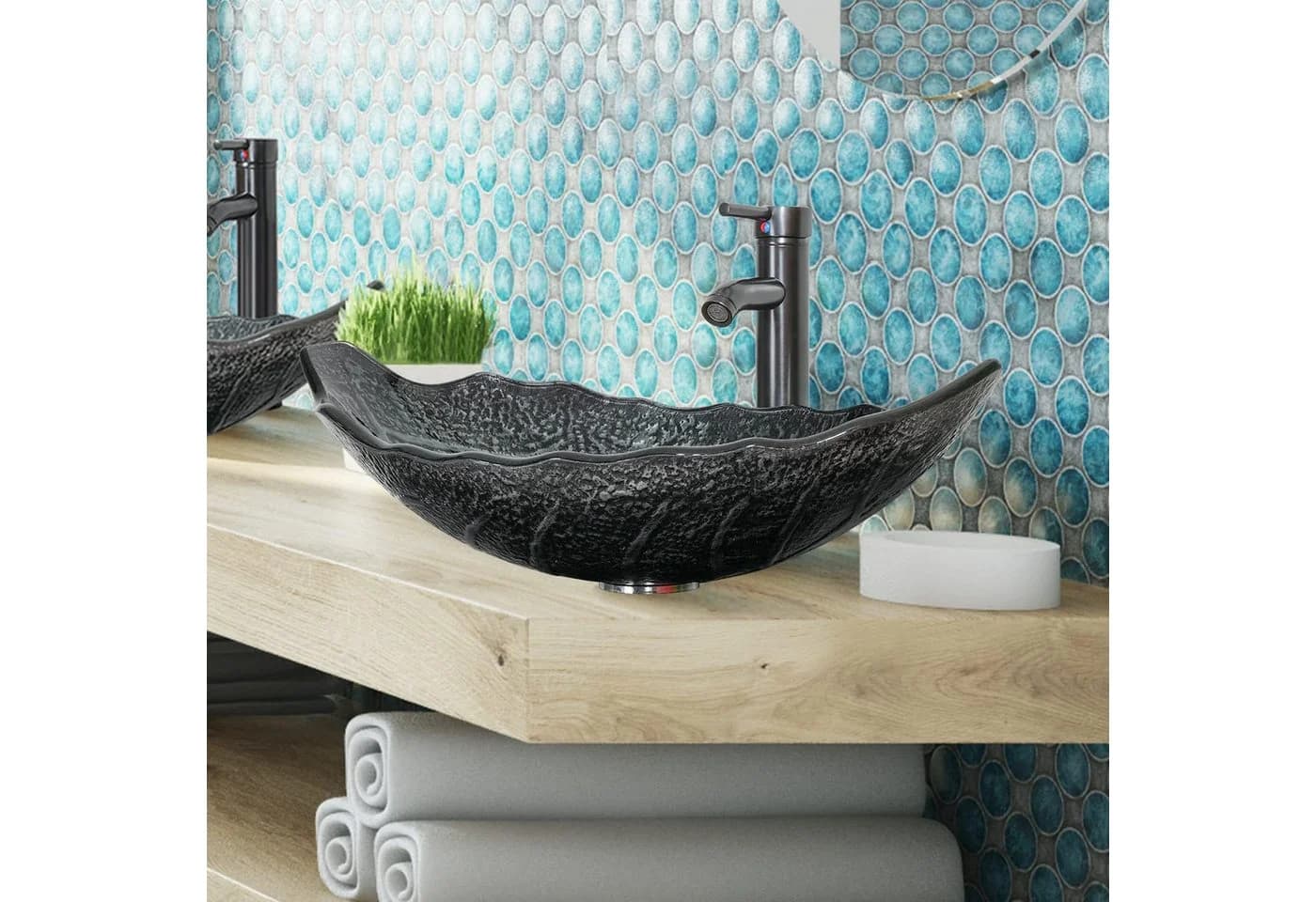 Puluomis Aufsatzwaschbecken Set Oval Schwarz/Silber mit Wasserhahn