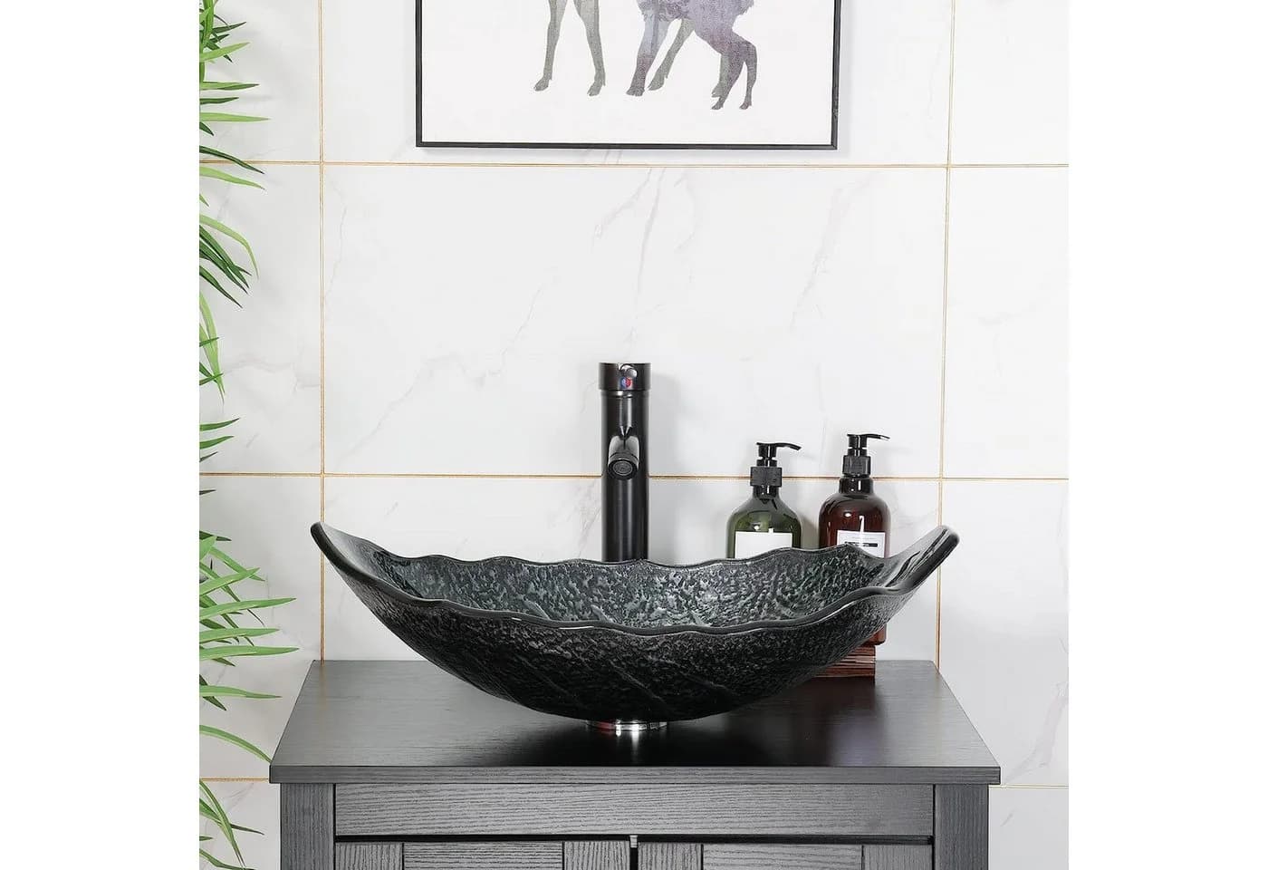 Puluomis Aufsatzwaschbecken Set Oval Schwarz/Silber mit Wasserhahn - Bild 3