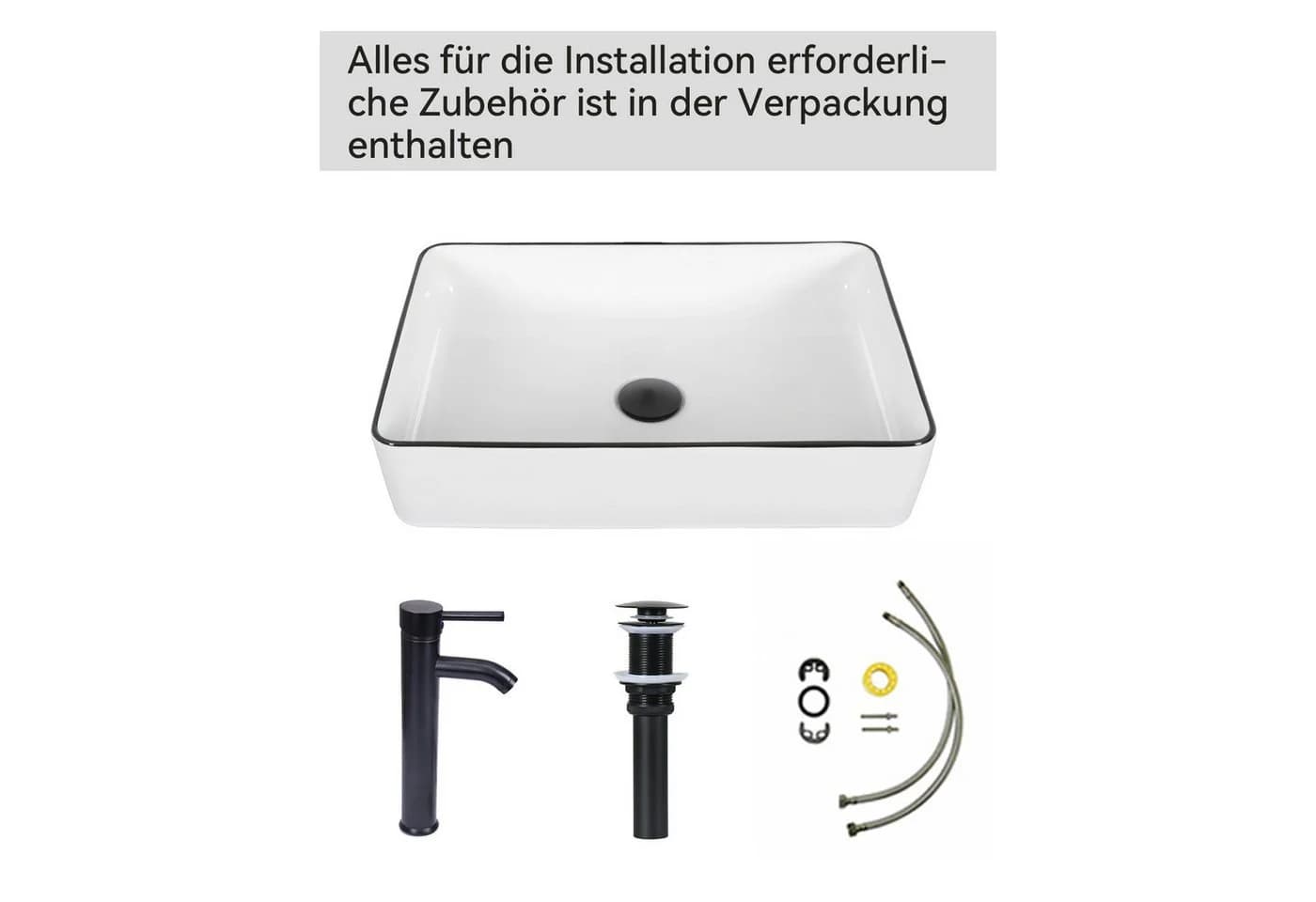 Puluomis Aufsatzwaschbecken Set mit Wasserhahn Keramik Weiß/Schwarz - Bild 4