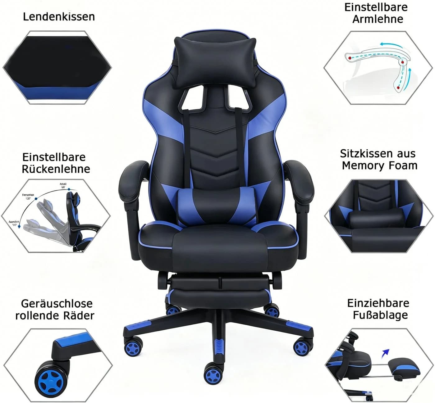 Puluomis Gaming-Stuhl mit Fußstütze Blau - Bild 3