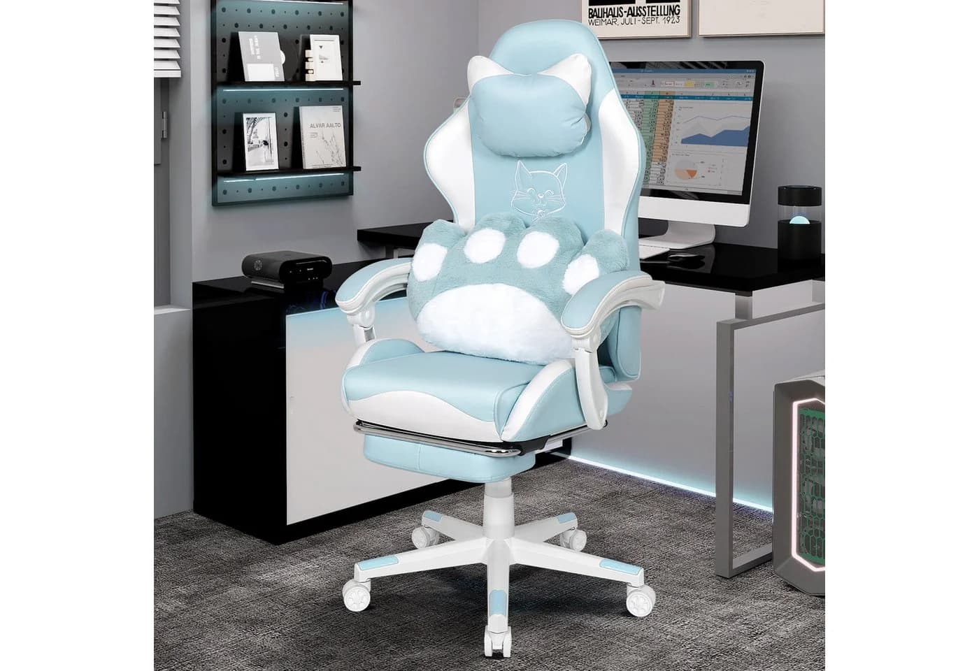 Puluomis Gaming-Stuhl Bürostuhl Ergonomisch Pink mit Katzenmotiv & Fußstütze