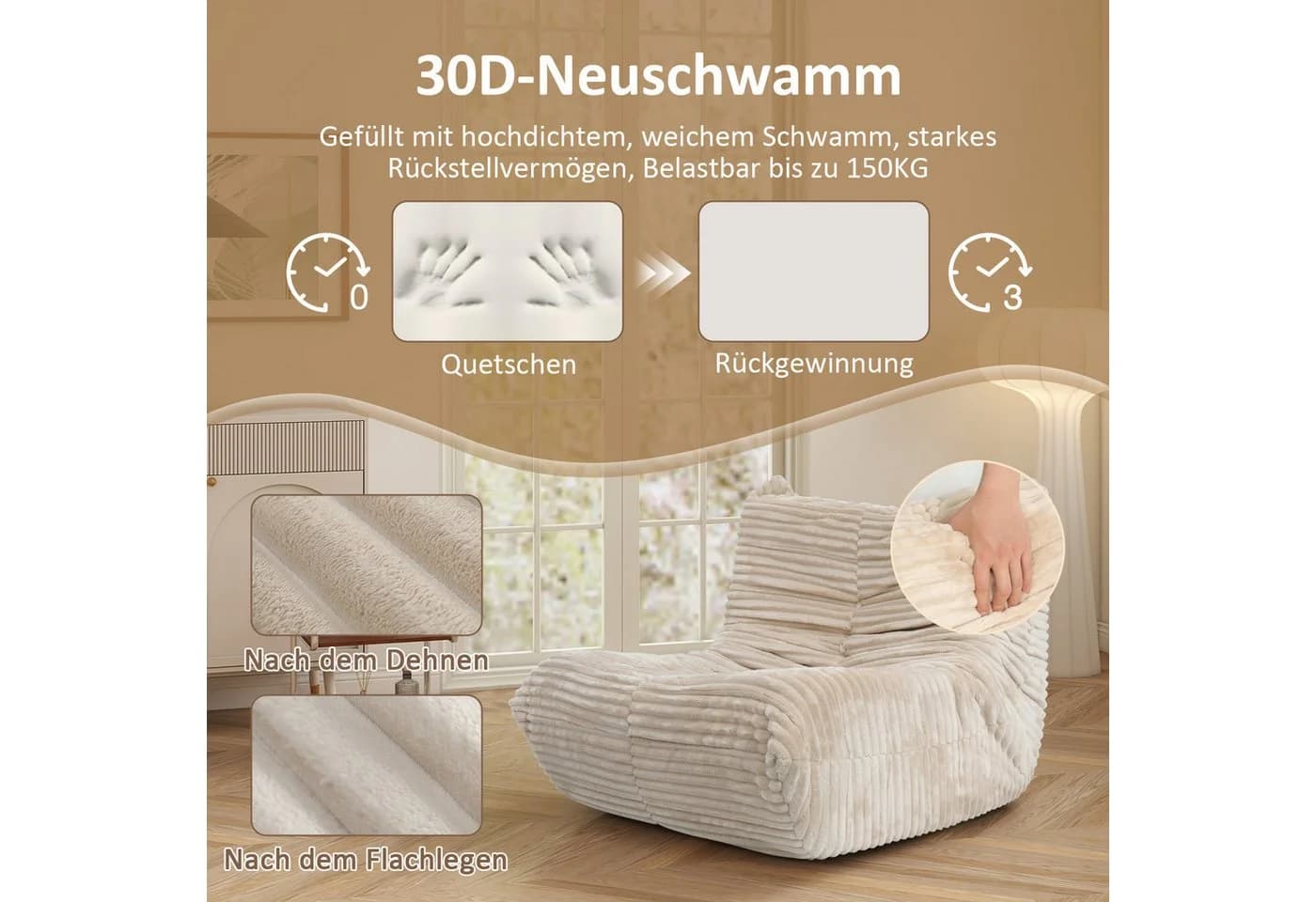 Puluomis Sitzsack XXL Beige 30D Neuschwamm-Füllung - Bild 3