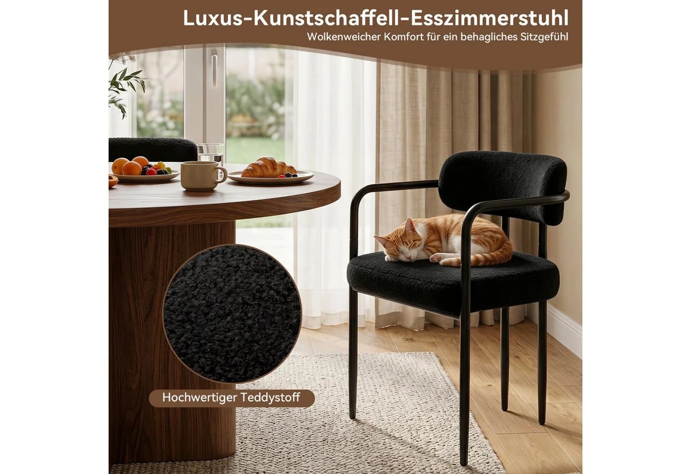 Puluomis Esszimmerstuhl mit Armlehnen, gepolstert, Teddyfleece weiß (6er Set) - Bild 4