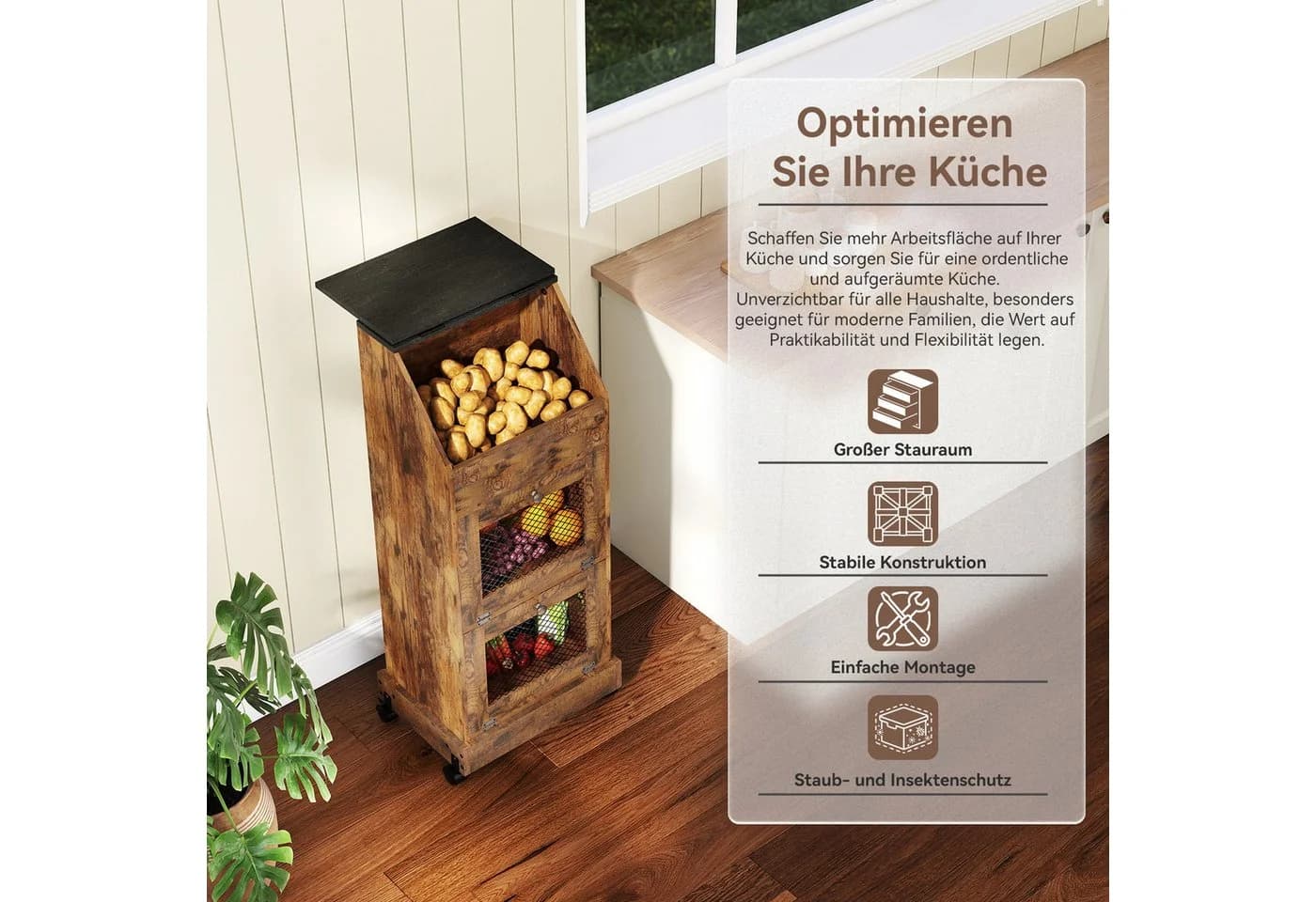 Puluomis Vorratsdose Kartoffelbox mit Rollen und Belüftung Braun/Schwarz