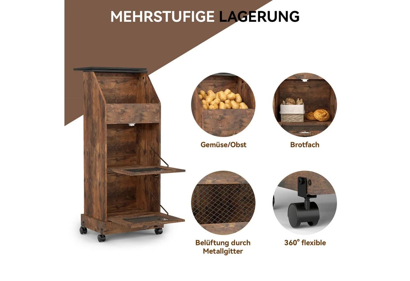 Puluomis Vorratsdose Kartoffelbox mit Rollen und Belüftung Braun/Schwarz - Bild 5