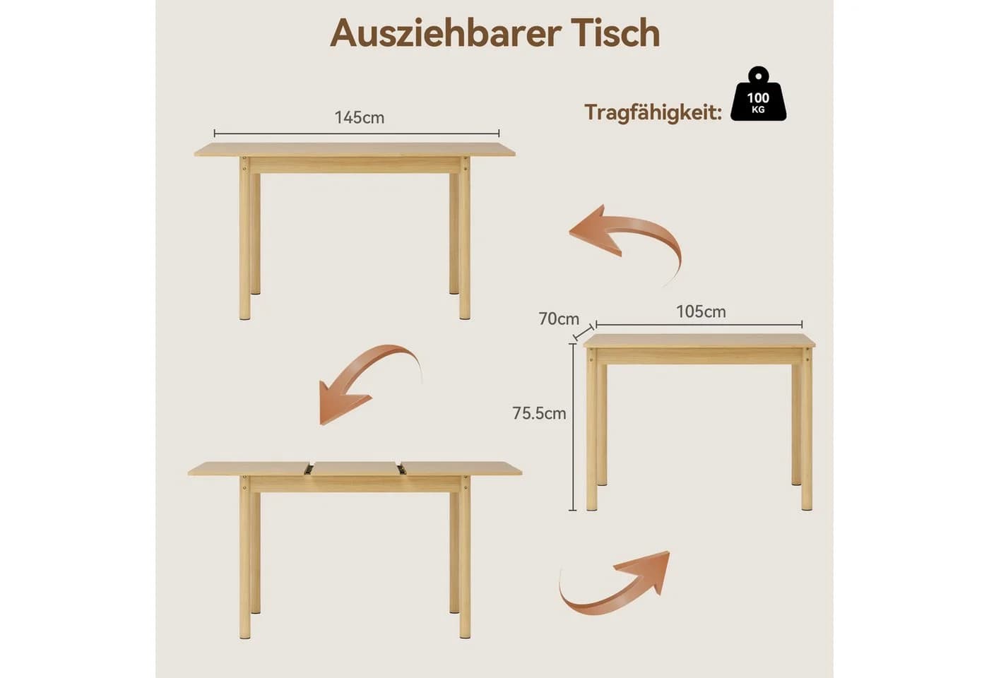 Puluomis Esstisch ausziehbar Massivholz Beige mit Stauraum - Bild 3