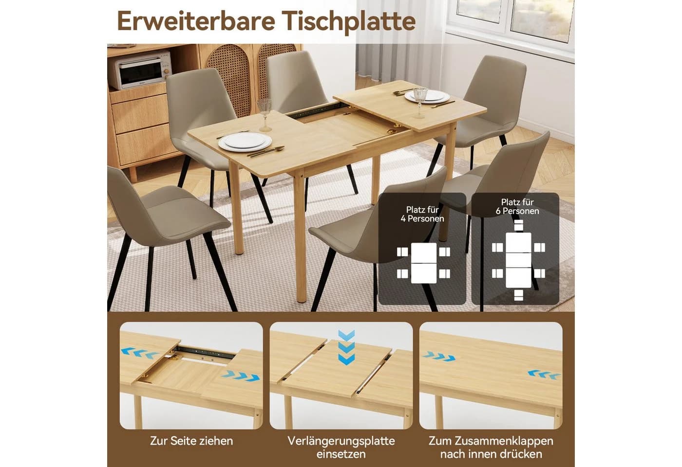 Puluomis Esstisch ausziehbar Massivholz Beige mit Stauraum - Bild 4