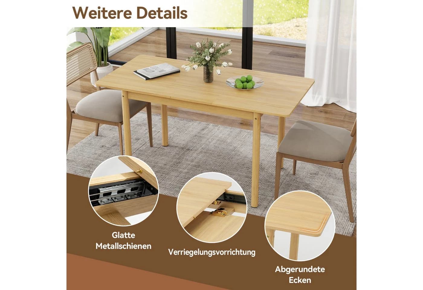 Puluomis Esstisch ausziehbar Massivholz Beige mit Stauraum - Bild 5