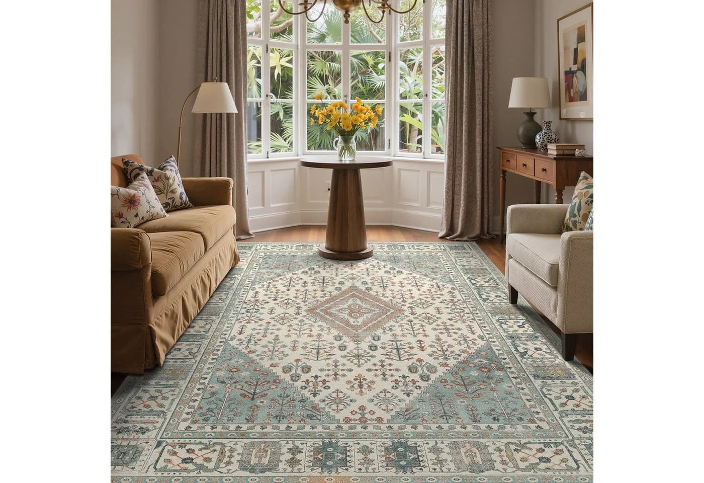 GENIMO Teppich Wohnzimmer Boho Vintage Grün Kurzflor