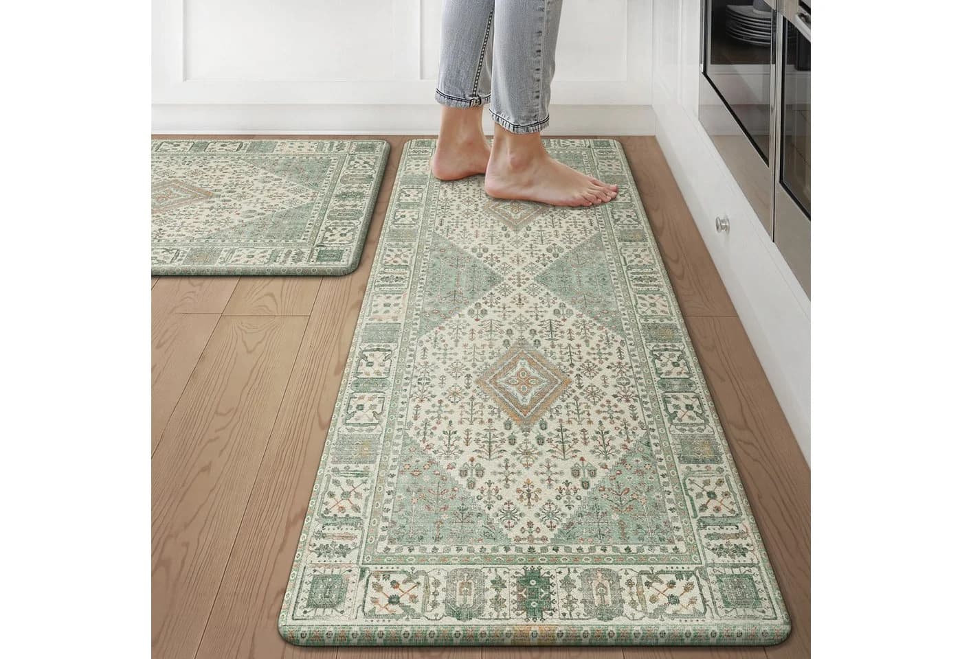 GENIMO Teppich Grün Boho Vintage Kurzflor