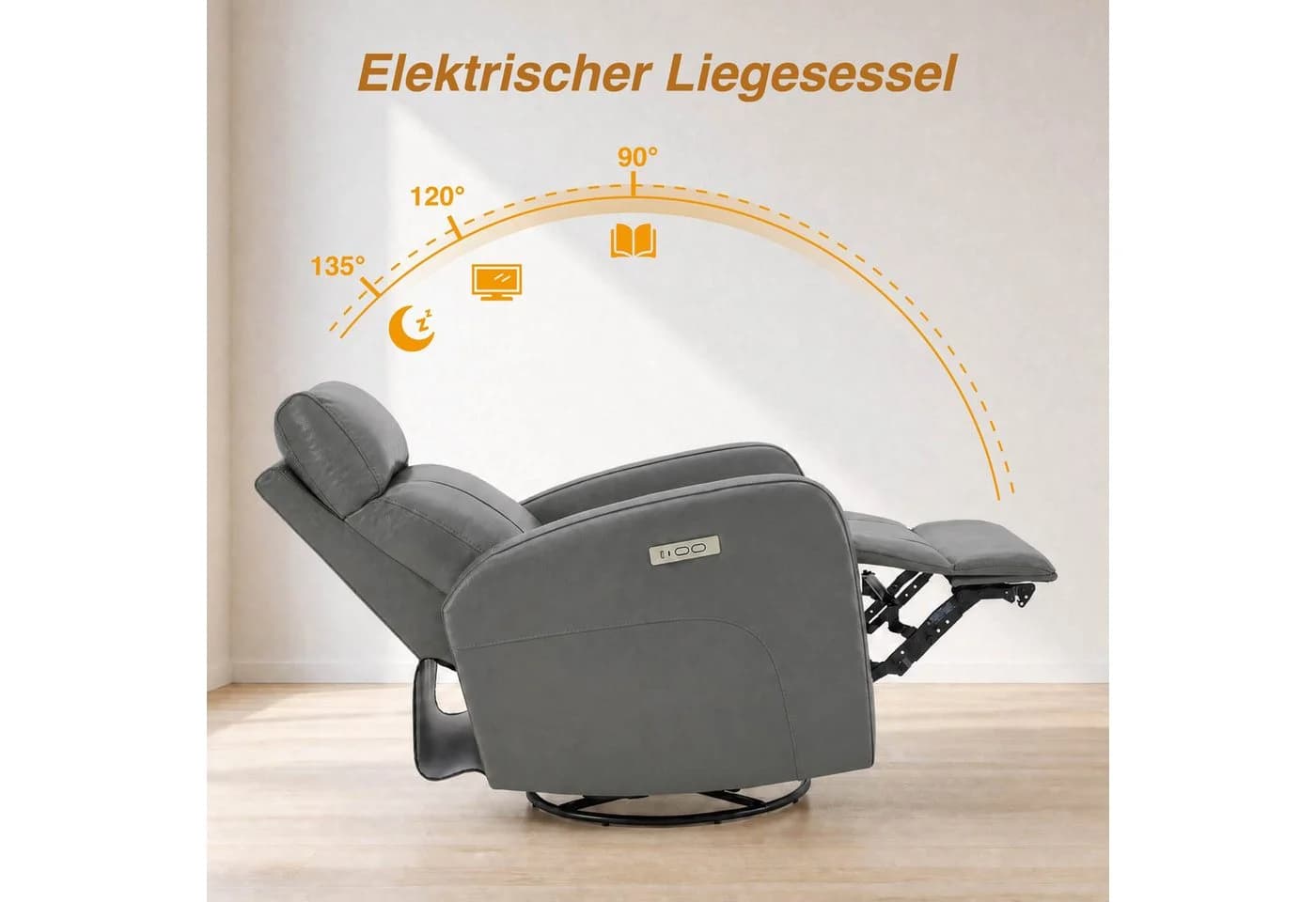 CHITA Elektrischer Relaxsessel Grau Echtleder 270° drehbar - Bild 4