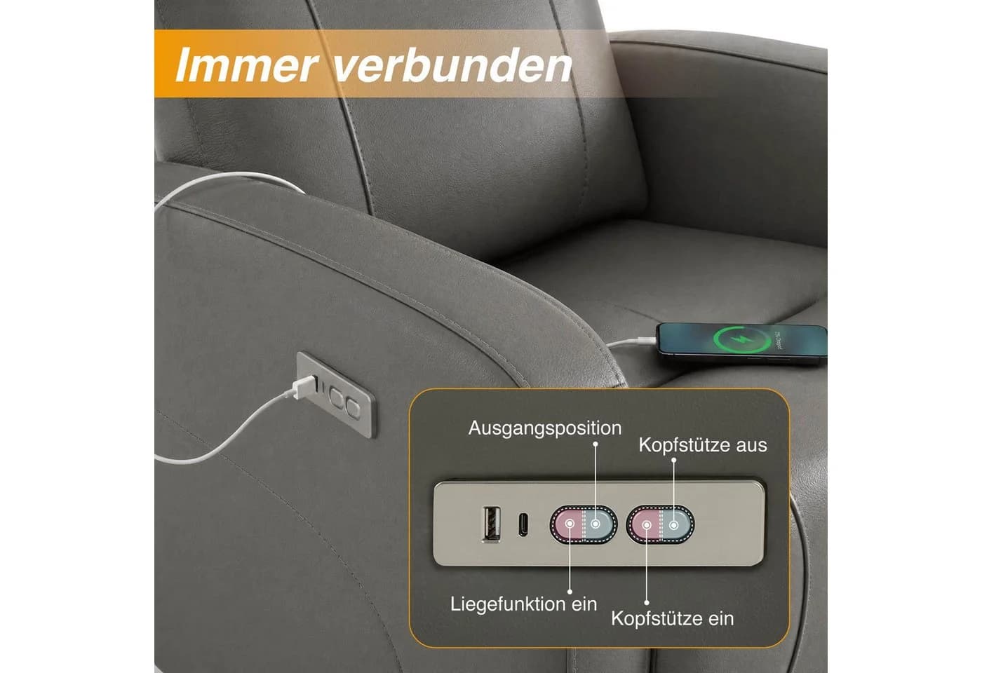 CHITA Elektrischer Relaxsessel Grau Echtleder 270° drehbar - Bild 5