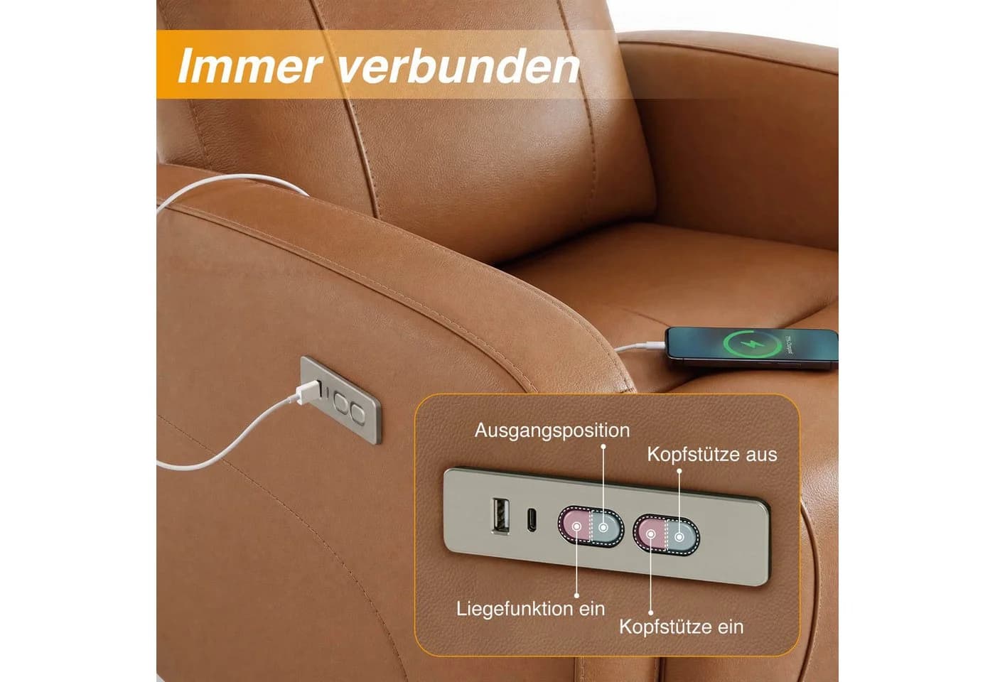 CHITA Elektrischer Relaxsessel Echtleder Braun 270° drehbar - Bild 4