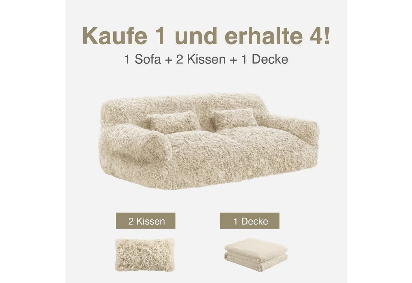 CHITA 2-Sitzer Sofa Beige mit Kissen & Decke, Chenille, Vakuum-Kompression - Bild 3