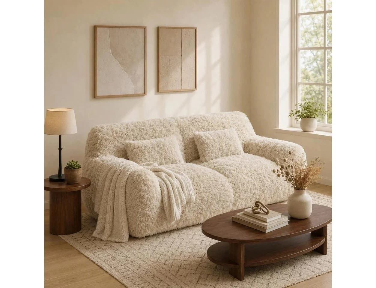 CHITA 2-Sitzer Sofa Beige mit Kissen & Decke, Chenille, Vakuum-Kompression - Bild 4