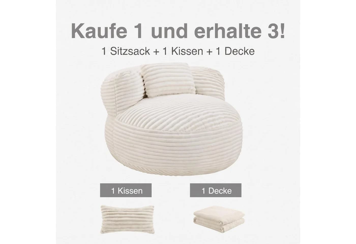 CHITA Sitzsack mit Kissen & Decke Chenille Weiß Gaming Lounge Chair - Bild 3