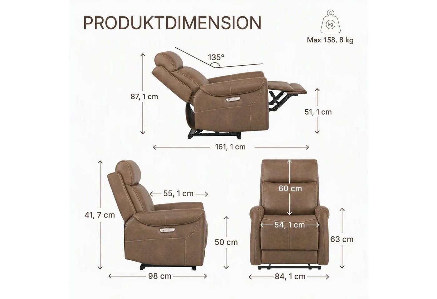 CHITA Elektrischer Relaxsessel Wall-Hugger Kunstleder Braun