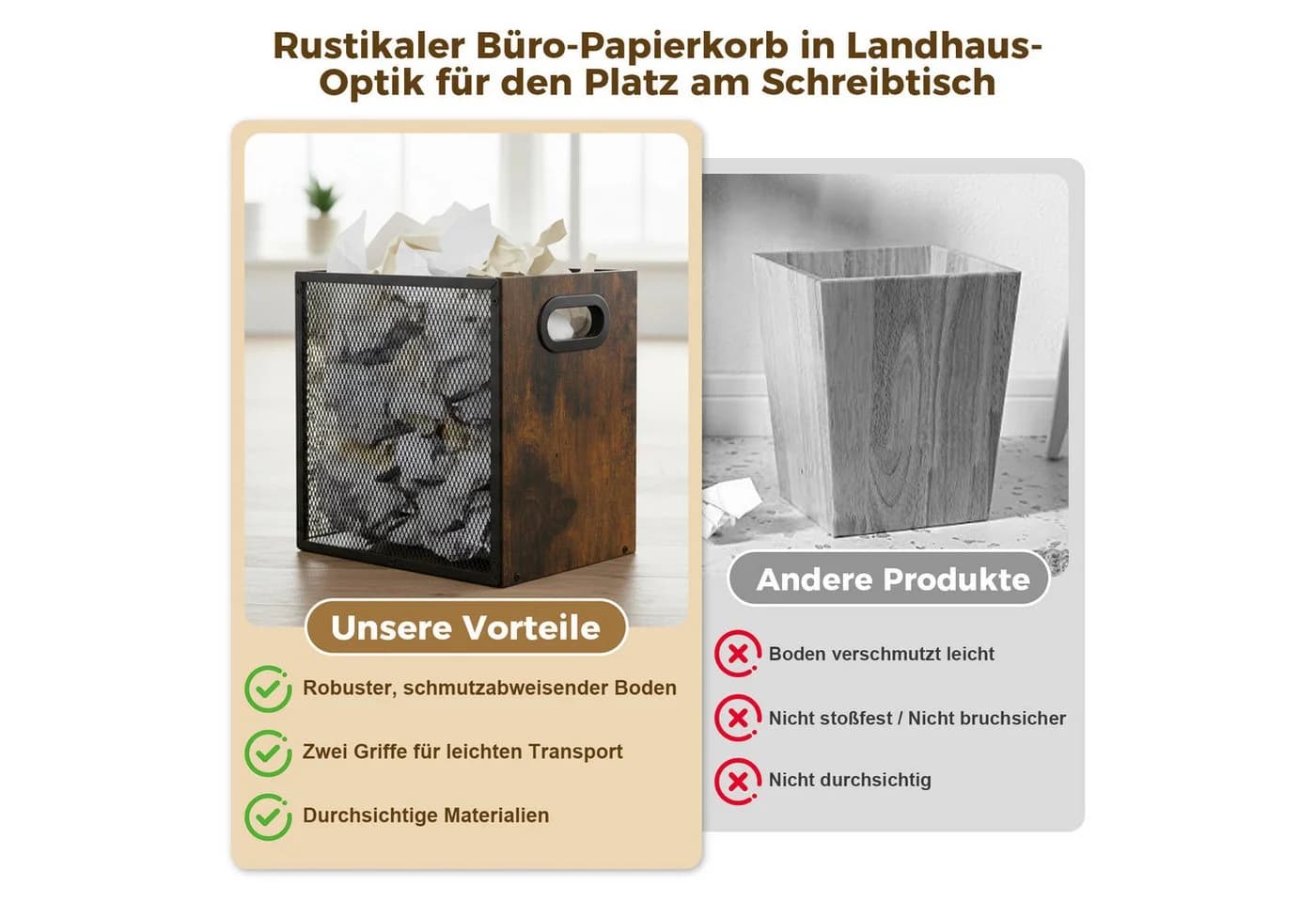 PRIISF Papierkorb Retro Metallgitter Massivholz 17L Braun - Bild 3