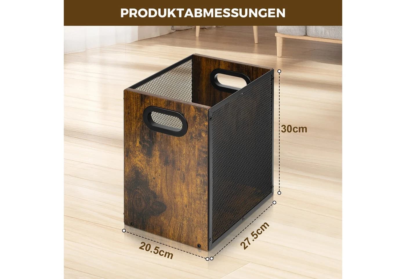 PRIISF Papierkorb Retro Metallgitter Massivholz 17L Braun - Bild 5