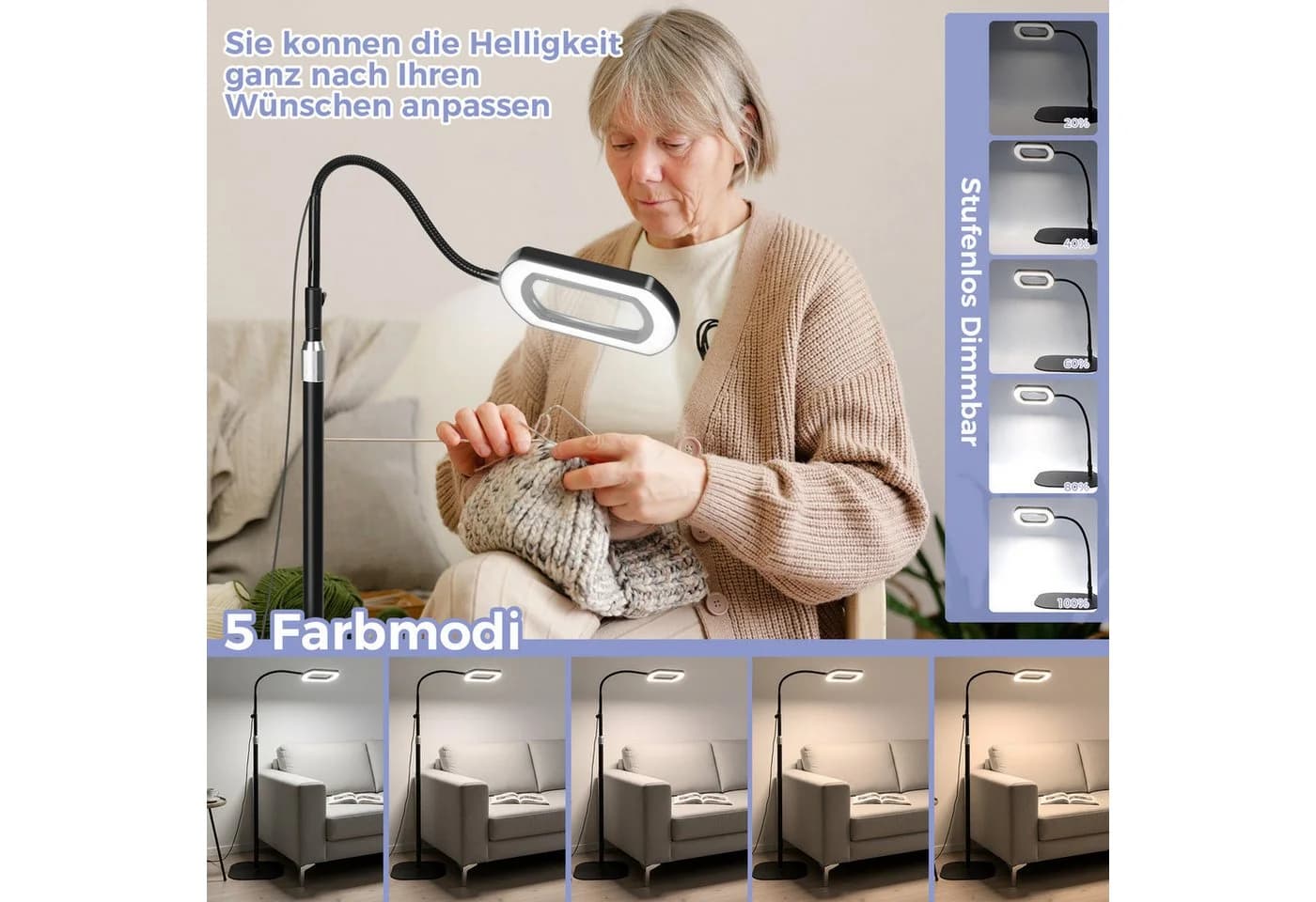 QUBEBU LED Leselampe Stehlampe mit 10 Dioptrien Lupe, 3-in-1 Schreibtischlampe, 10X Lupe mit Licht, LED fest integriert, LED Beleuchtete Lupe mit 5 Farbmodi und Stufenloser Dimmbarkeit, Klemmlampe mit Base und Schwenkarm, Stehleuchte, für Bastler Lesehilfe