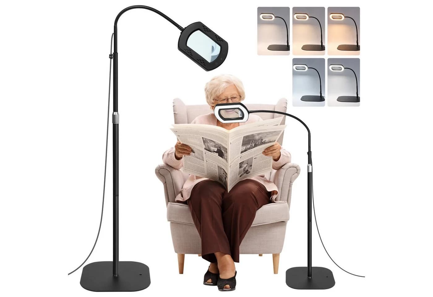 QUBEBU LED Leselampe Stehlampe mit 10 Dioptrien Lupe, 3-in-1 Schreibtischlampe, 10X Lupe mit Licht, LED fest integriert, LED Beleuchtete Lupe mit 5 Farbmodi und Stufenloser Dimmbarkeit, Klemmlampe mit Base und Schwenkarm, Stehleuchte, für Bastler Lesehilfe - Bild 2