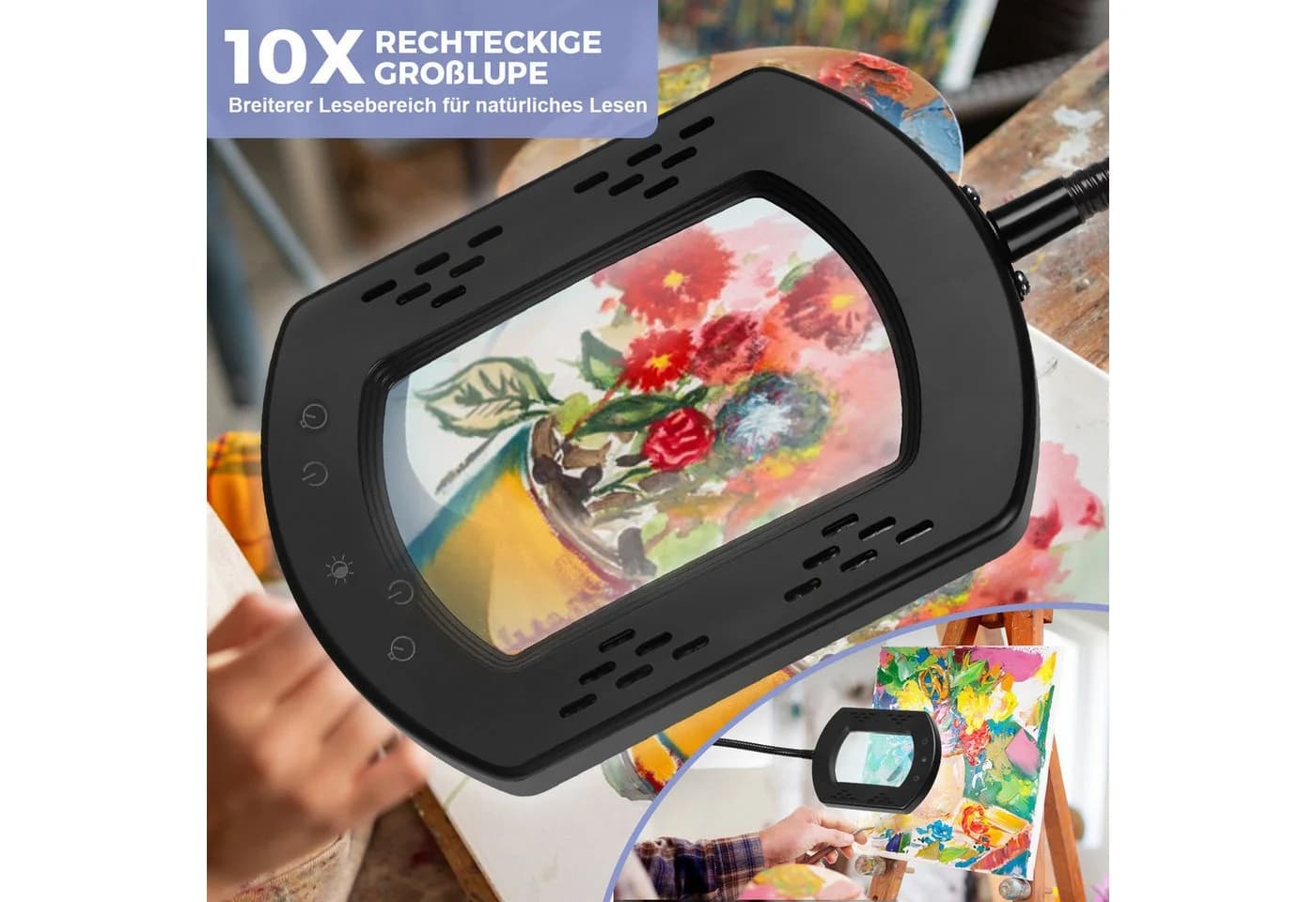 QUBEBU LED Leselampe Stehlampe mit 10 Dioptrien Lupe, 3-in-1 Schreibtischlampe, 10X Lupe mit Licht, LED fest integriert, LED Beleuchtete Lupe mit 5 Farbmodi und Stufenloser Dimmbarkeit, Klemmlampe mit Base und Schwenkarm, Stehleuchte, für Bastler Lesehilfe - Bild 3