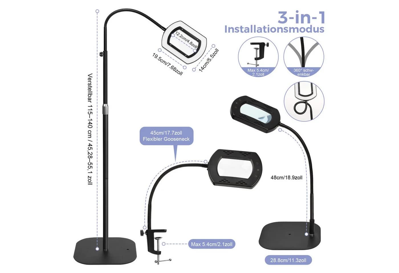 QUBEBU LED Leselampe Stehlampe mit 10 Dioptrien Lupe, 3-in-1 Schreibtischlampe, 10X Lupe mit Licht, LED fest integriert, LED Beleuchtete Lupe mit 5 Farbmodi und Stufenloser Dimmbarkeit, Klemmlampe mit Base und Schwenkarm, Stehleuchte, für Bastler Lesehilfe - Bild 4