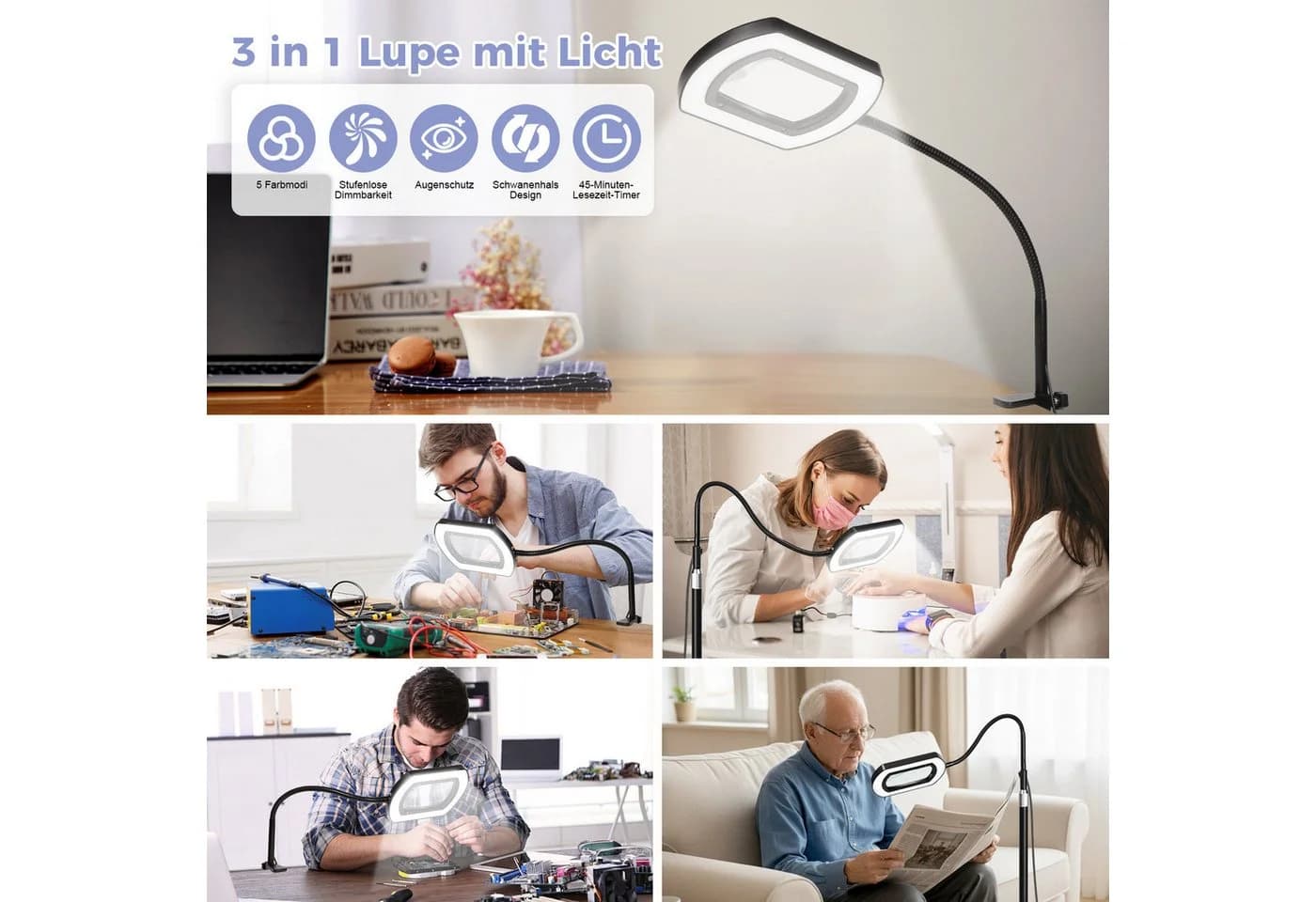 QUBEBU LED Leselampe Stehlampe mit 10 Dioptrien Lupe, 3-in-1 Schreibtischlampe, 10X Lupe mit Licht, LED fest integriert, LED Beleuchtete Lupe mit 5 Farbmodi und Stufenloser Dimmbarkeit, Klemmlampe mit Base und Schwenkarm, Stehleuchte, für Bastler Lesehilfe - Bild 5