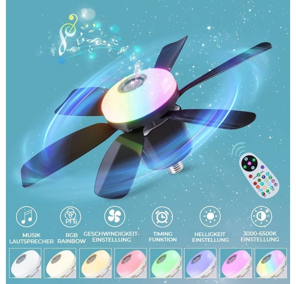 QUBEBU Deckenventilator RGB Deckenleuchte mit Beleuchtung, Bluetooth Lautsprecher, Timer, 6 Flügel