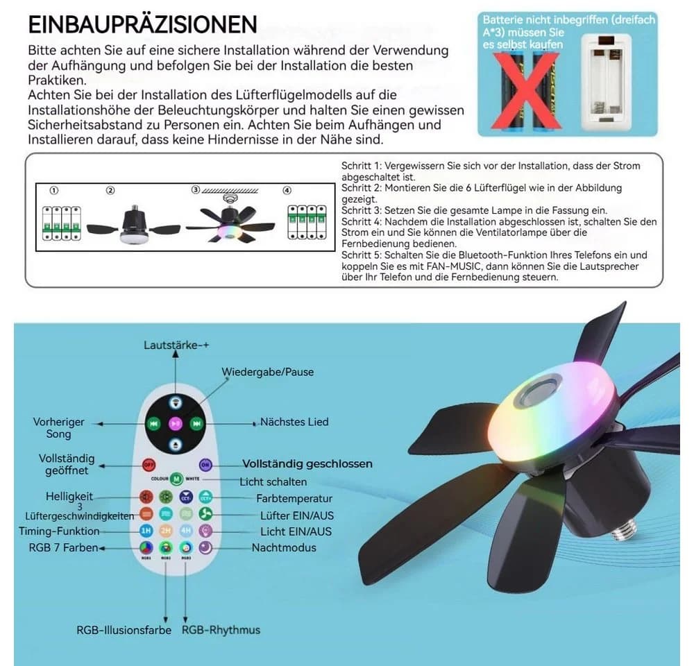QUBEBU Deckenventilator RGB Deckenleuchte mit Beleuchtung, Bluetooth Lautsprecher, Timer, 6 Flügel - Bild 4