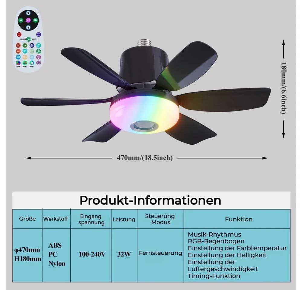 QUBEBU Deckenventilator RGB Deckenleuchte mit Beleuchtung, Bluetooth Lautsprecher, Timer, 6 Flügel - Bild 5