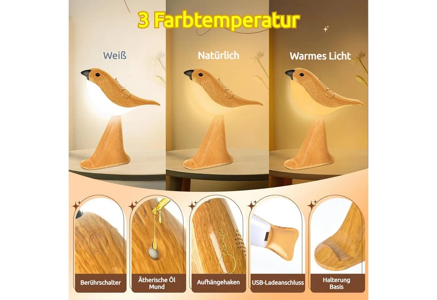 QUBEBU LED Nachttischlampe Vogel Nachtlicht Dimmbar - Bild 4