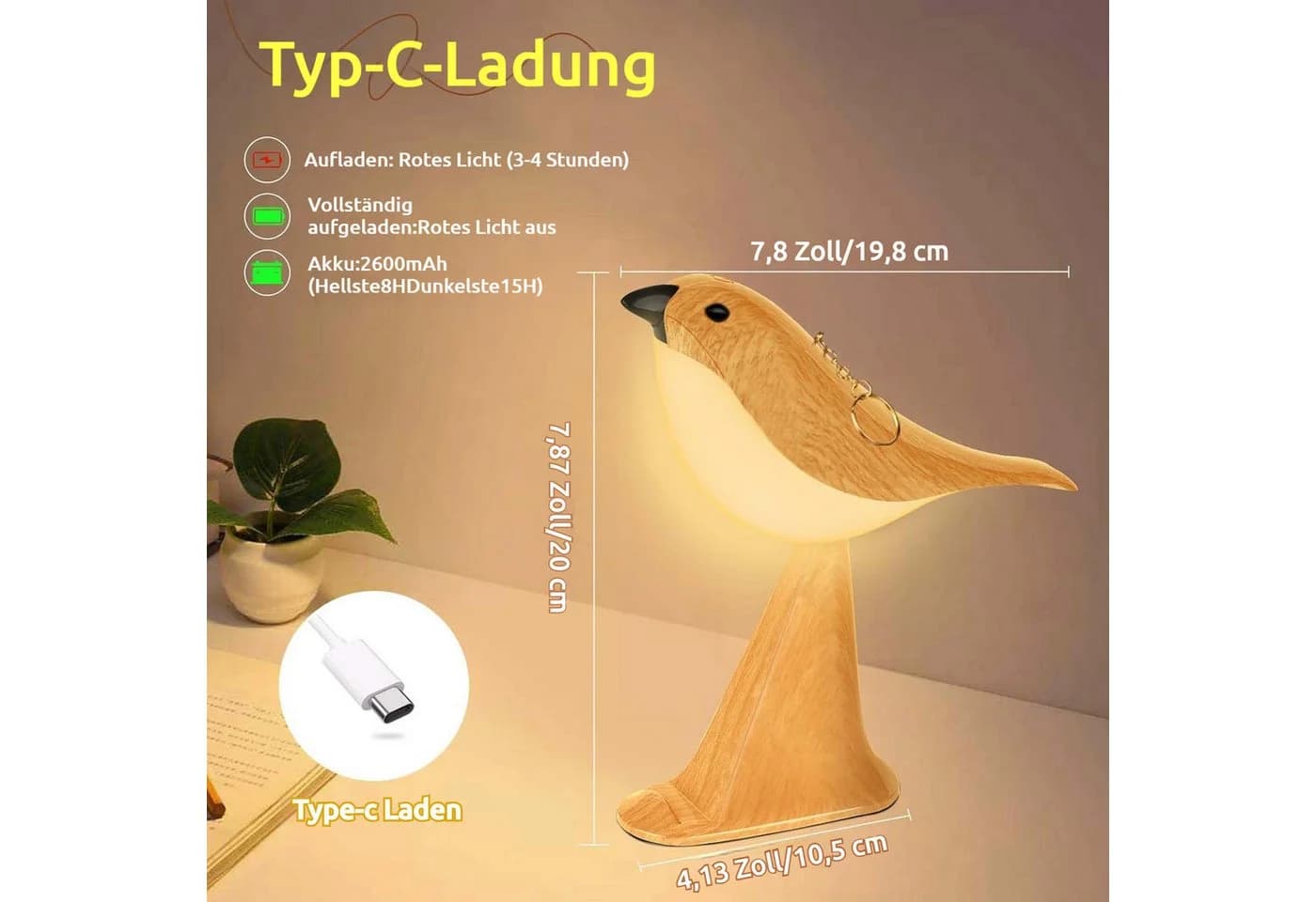 QUBEBU LED Nachttischlampe Vogel Nachtlicht Dimmbar - Bild 5
