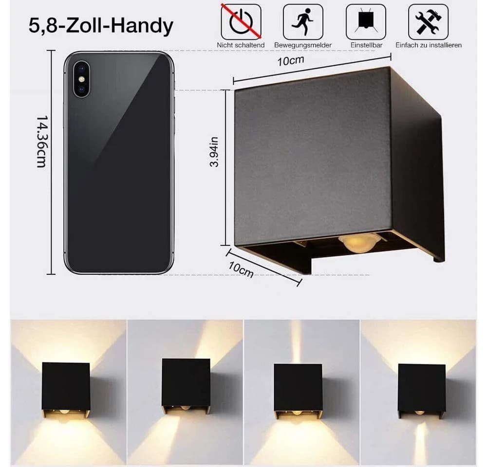 VIVIHEYDAY LED Wandleuchte mit Bewegungsmelder Schwarz IP65