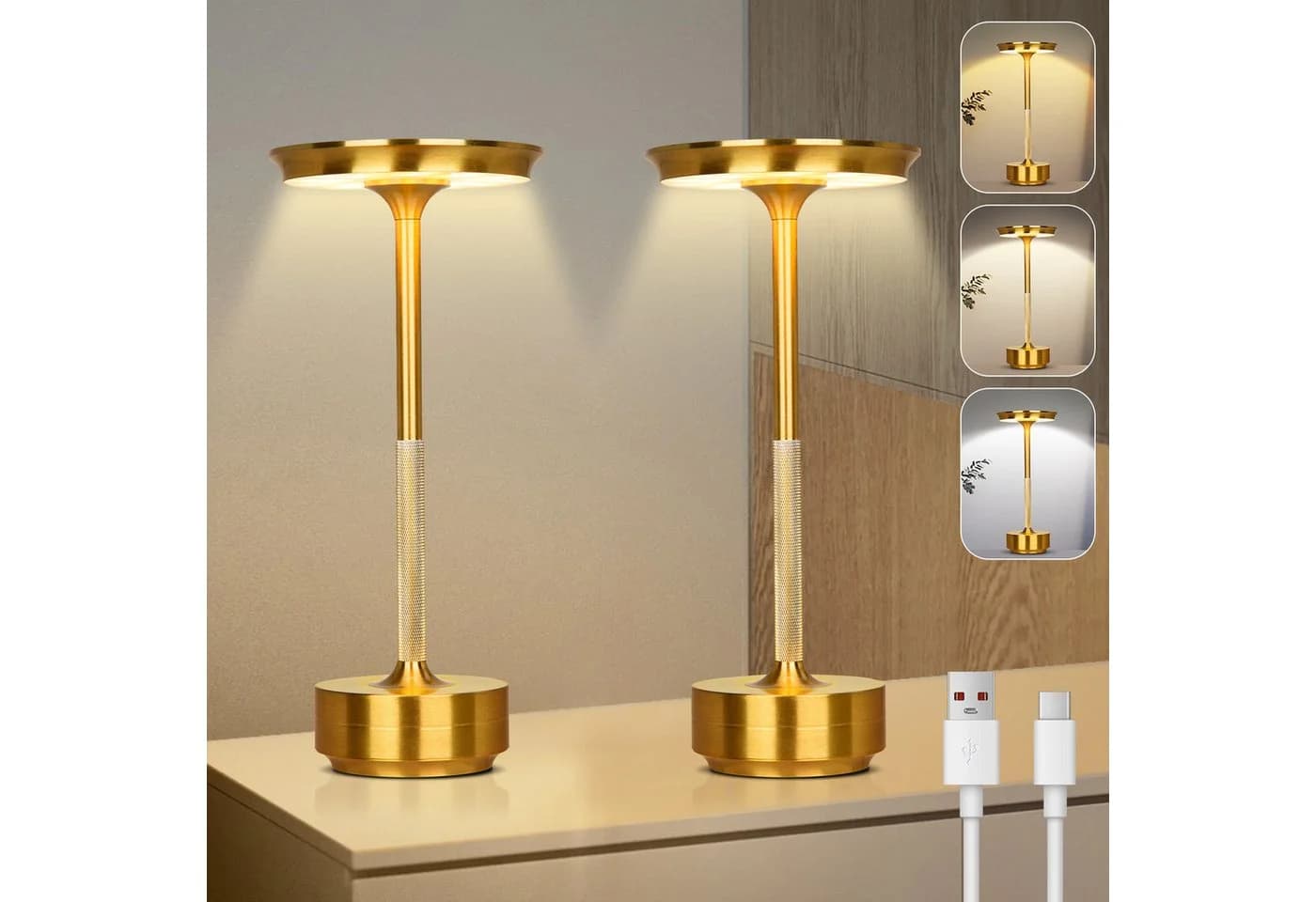 Lapalife Nachttischlampe LED Tischlampe Kabellos Akku, Dimmbar, 3 Farbtemperatur, Gold - Bild 2
