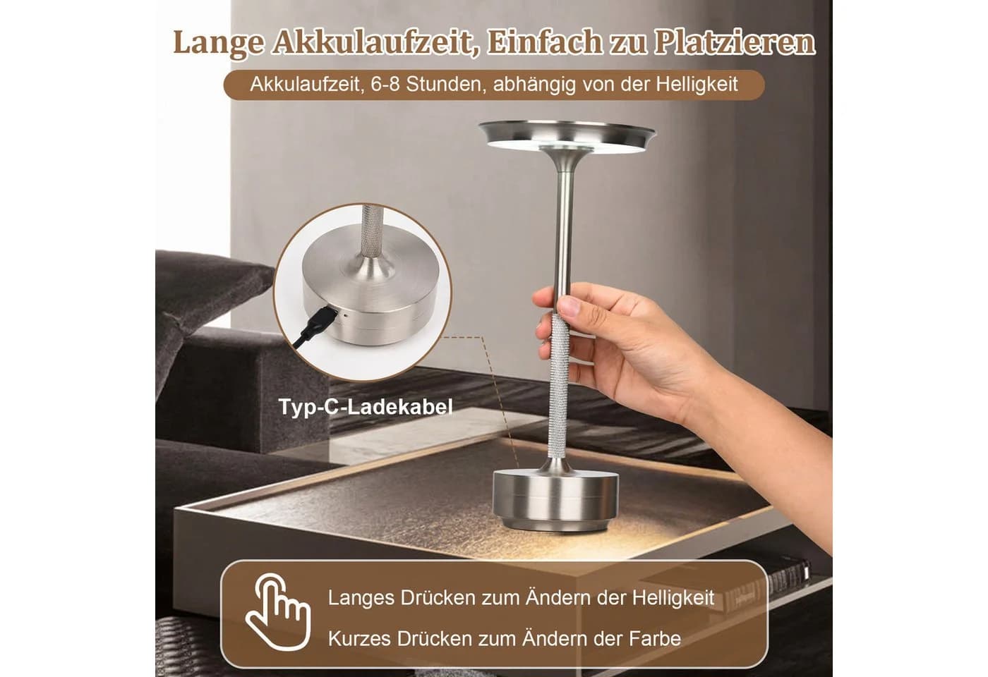 Lapalife LED Nachttischlampe Kabellos Dimmbar Silber - Bild 3
