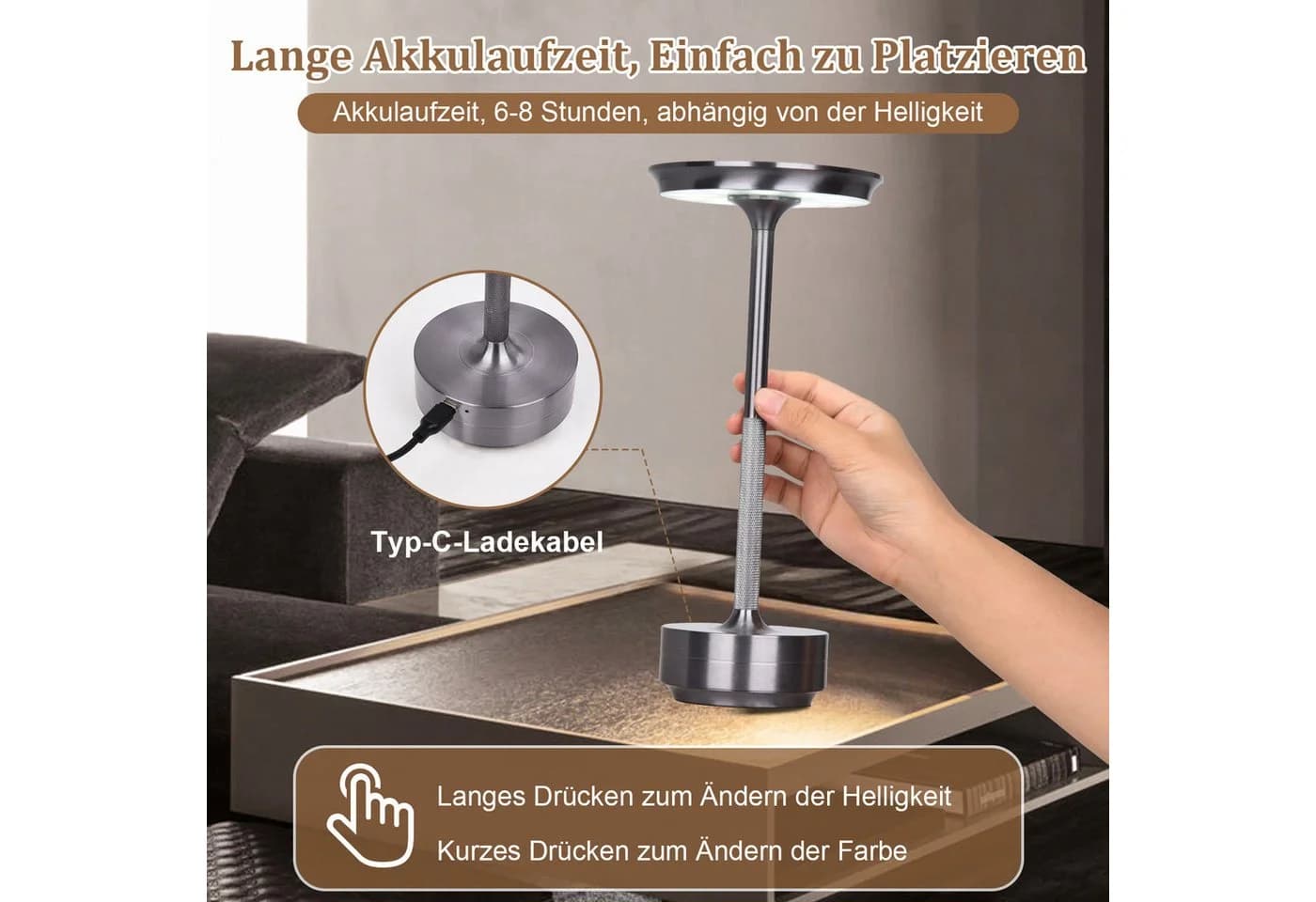 Lapalife Nachttischlampe LED Tischlampe Kabellos Akku Dimmbar 3 Farbtemperatur Grau - Bild 3