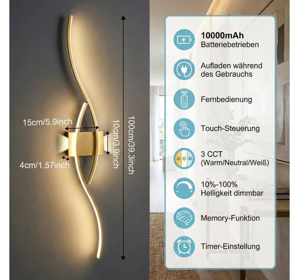 Lapalife Wandleuchte Gold Dimmbar LED 100cm