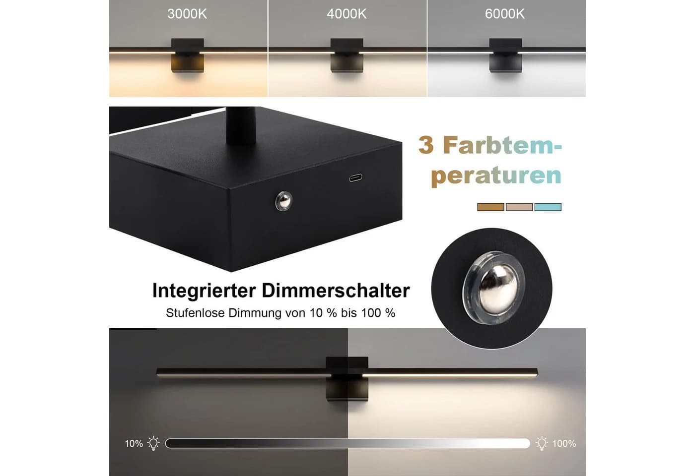 Lapalife Wandleuchte 10000mAh Akku Wandleuchte Innen Dimmbar 3 Farbtemperaturen LED - Bild 3