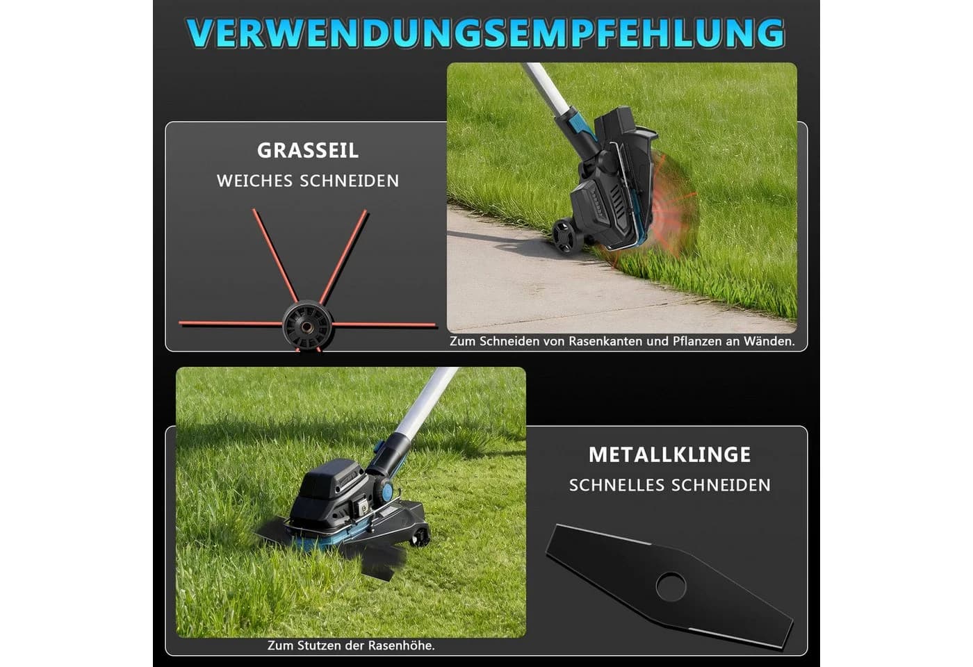 XERSEK Akku-Rasentrimmer 1200W mit Teleskop-Stiel und 2x 4.0Ah Akkus - Bild 3