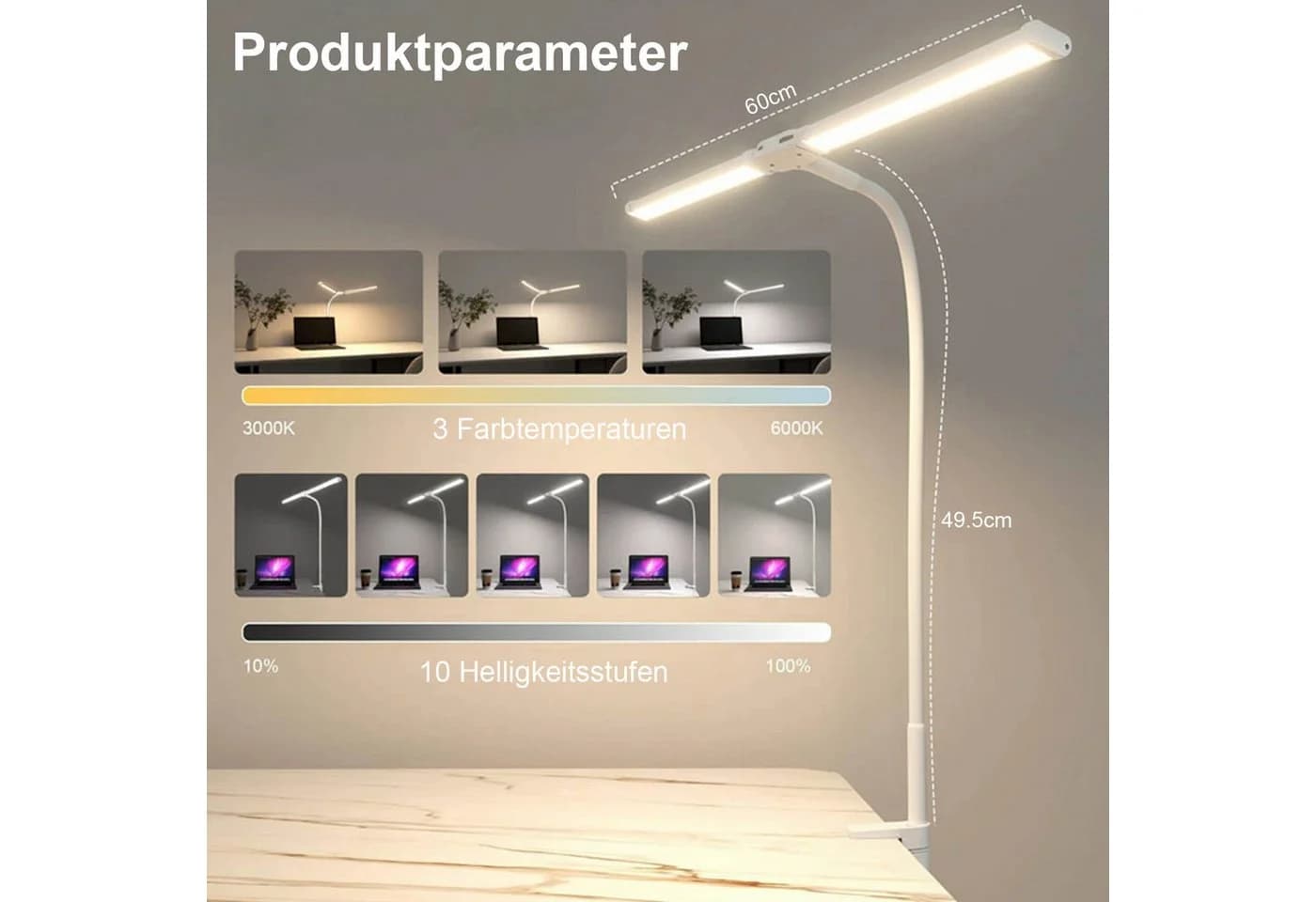 Lapalife Schreibtischlampe Klemmbar Doppelkopf 3 Farbtemperaturen Weiß - Bild 3