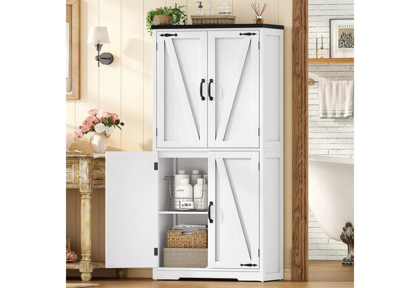 TEENFON Hochschrank mit 4 Scheunentüren Weiß Modern - Bild 2