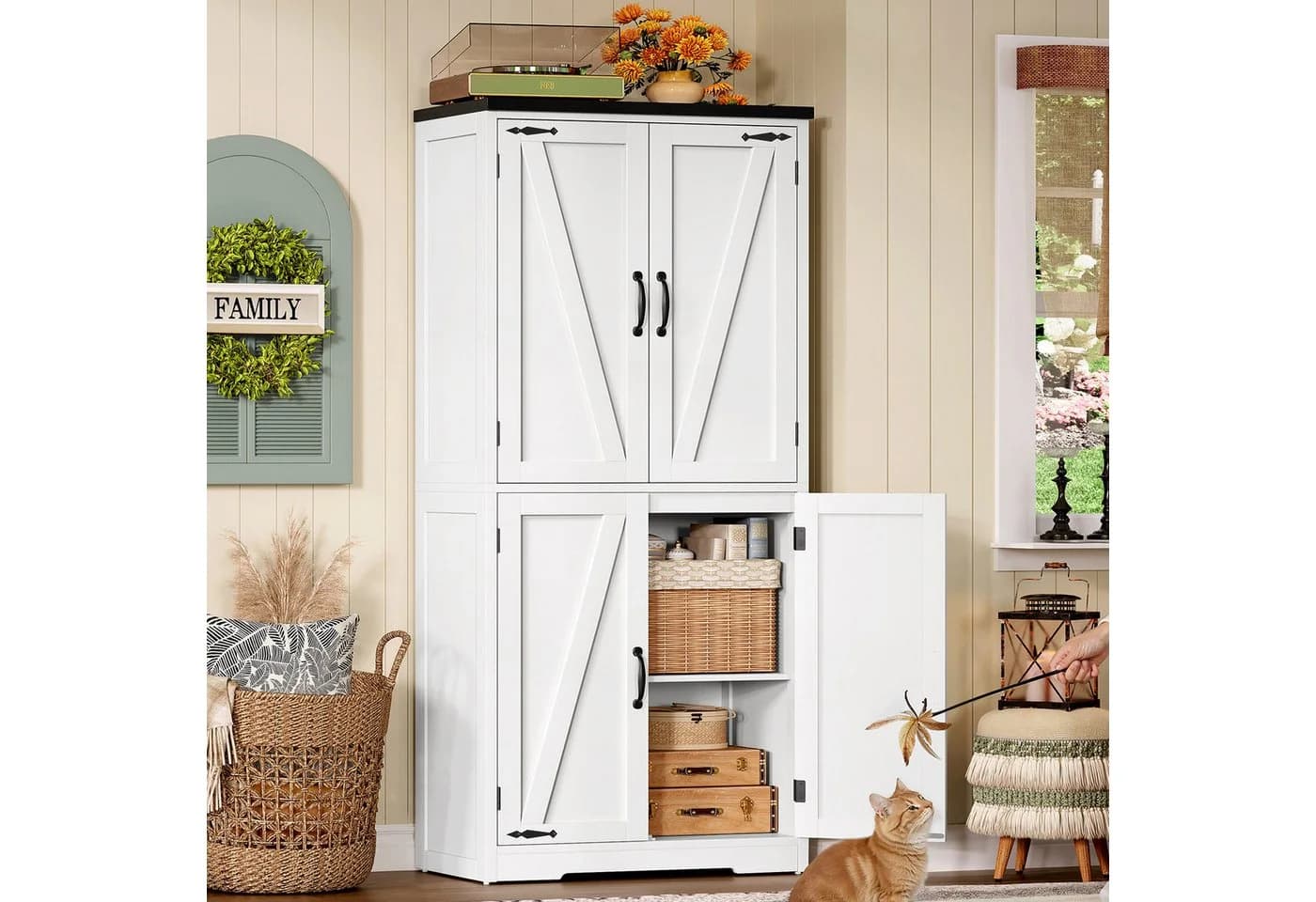 TEENFON Hochschrank mit 4 Scheunentüren Weiß Modern - Bild 3