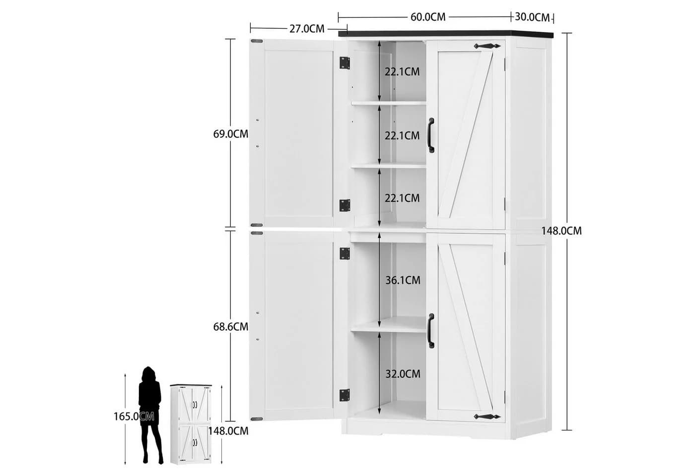TEENFON Hochschrank mit 4 Scheunentüren Weiß Modern - Bild 4